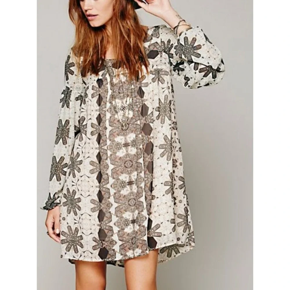 Free People Women's Kaleidoscope Mini Babydoll Dress, Brown Black,XS
